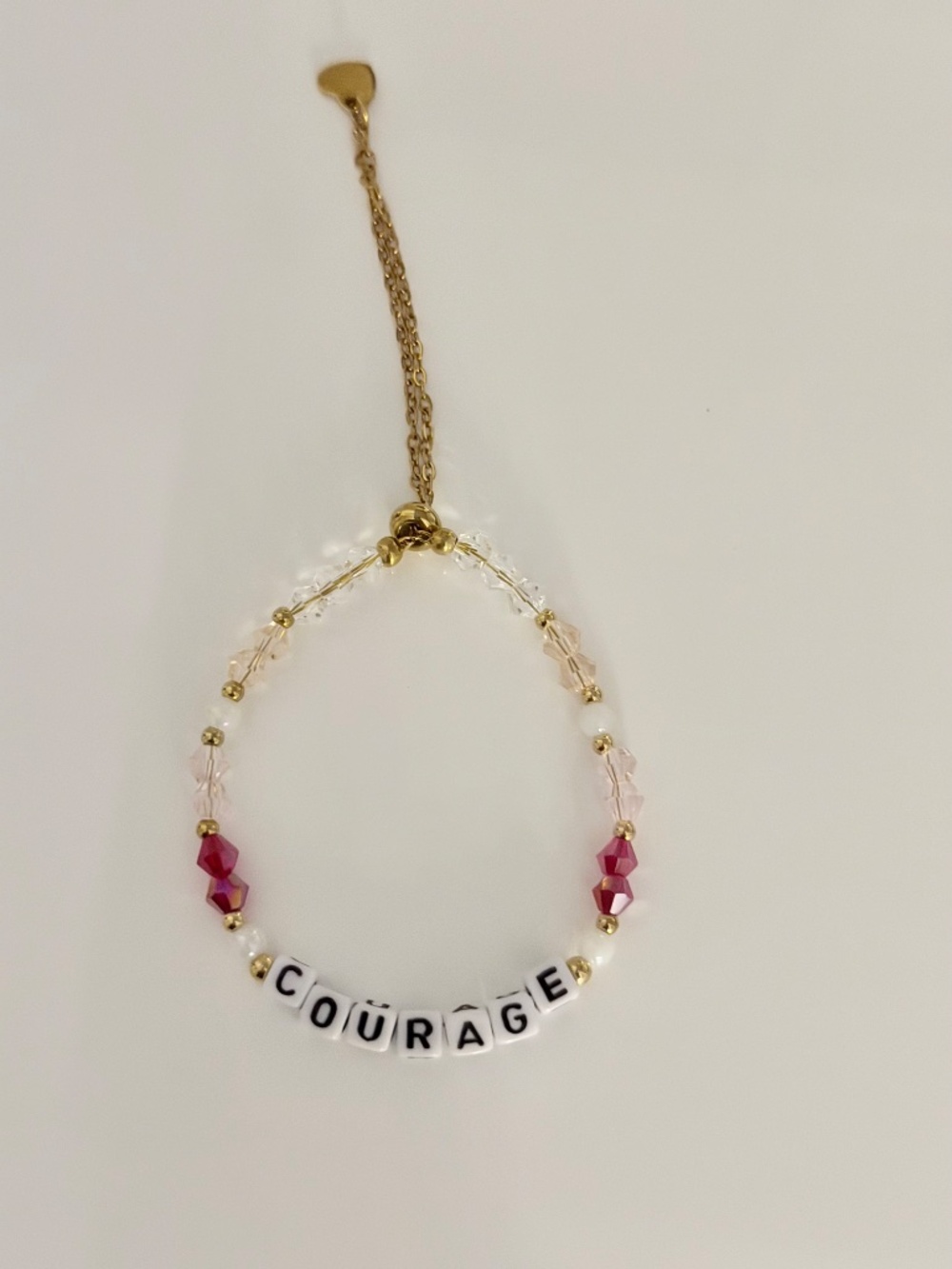 Courage Word Gold & Pink Beaded Heart Bolo Bracelet | Cancer Support Fundraiser